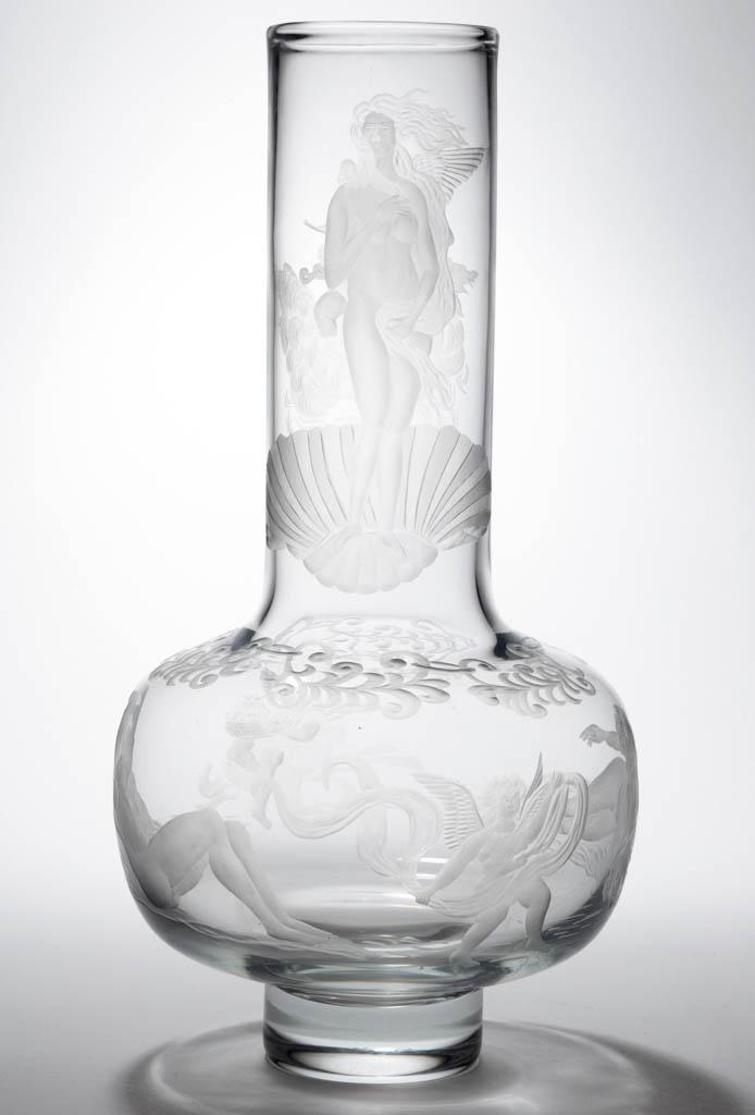 FREE-BLOWN AND ENGRAVED THE BIRTH OF VENUS GLASS VASE: FREE-BLOWN AND ENGRAVED THE BIRTH OF VENUS GLASS VASE, colorless, compressed globular body with an elongated cylindrical neck and short cylindrical base, engraving depicting Botticelli's "The Birth of