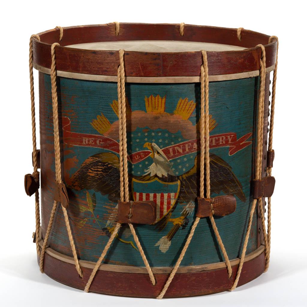LABELED ERNEST VOGT (PHILADELPHIA) PAINT-DECORATED: LABELED ERNEST VOGT (PHILADELPHIA) PAINT-DECORATED CIVIL WAR REGULATION INFANTRY ROPE-TENSION SNARE DRUM, oak circular body of lapped construction with brass tack decoration, retains a nearly pristine
