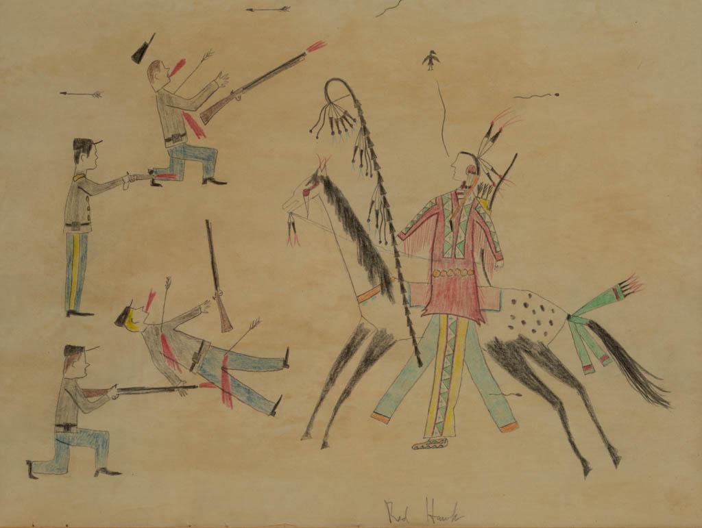 NATIVE AMERICAN CHEYENNE LEDGER DRAWING: NATIVE AMERICAN CHEYENNE LEDGER DRAWING, pencil on paper, depicting troops in confrontation with a Native American warrior riding his Appaloosa horse, titled on the bottom "Red Hawk", with attached no