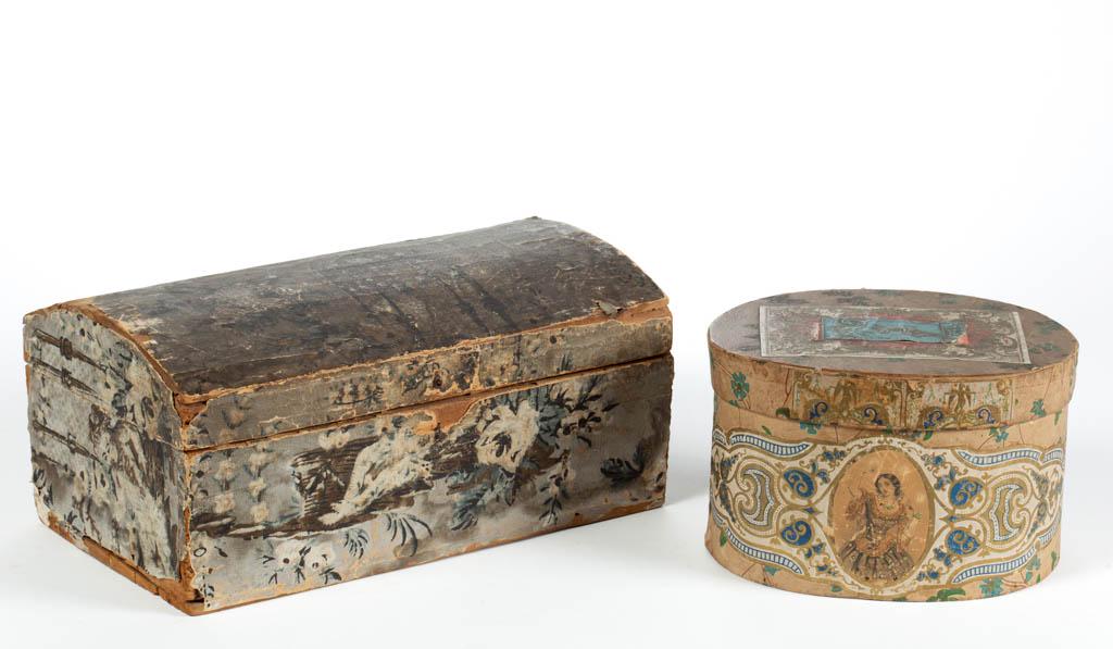 PENNSYLVANIA / NEW ENGLAND WALLPAPER-COVERED BOXES, LOT: PENNSYLVANIA / NEW ENGLAND WALLPAPER-COVERED BOXES, LOT OF TWO, comprising a wooden domed-top example lined with a 1791 Connecticut newspaper, and an oval example with wooden top and bottom, partially