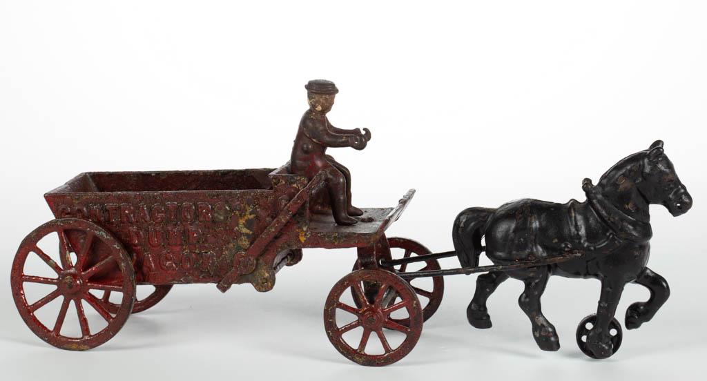 AMERICAN CAST-IRON "CONTRACTORS DUMP WAGON" TOY: AMERICAN CAST-IRON "CONTRACTORS DUMP WAGON" TOY, pulled by single horse, with driver and working dump. Old blistered paint. Circa 1920. 5 3/4" HOA, 14 1/4" LOA. Good condition with no breaks or losses