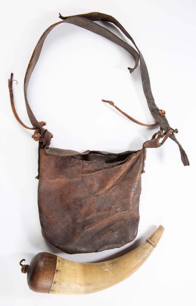 VALLEY OF VIRGINIA FRONTIER POWDER HORN AND HUNTING: VALLEY OF VIRGINIA FRONTIER POWDER HORN AND HUNTING BAG, LOT OF TWO PIECES, horn with carved throat ring and thick inset walnut cap with turned finial, leather bag with interior pocket and old strap. 