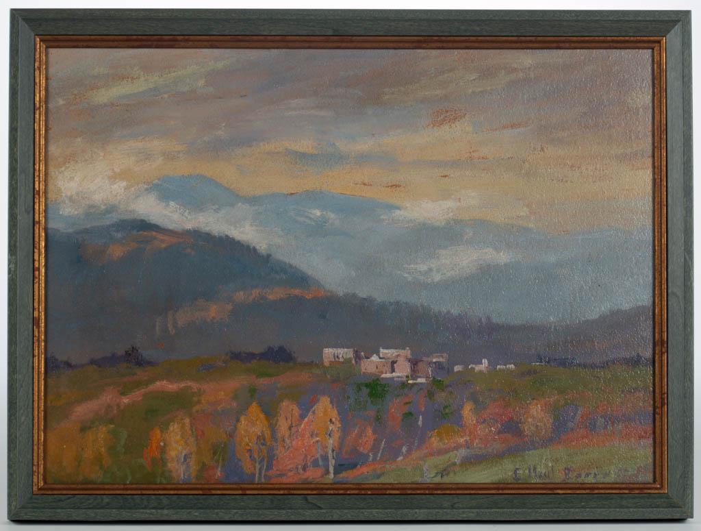 ELIZABETH HUNT BARRETT (NEW YORK / VIRGINIA, 1863-1955): ELIZABETH HUNT BARRETT (NEW YORK / VIRGINIA, 1863-1955) SWEET BRIAR COLLEGE PAINTING, oil on artist's board, a fall bird's eye view with the Blue Ridge Mountains in the background, signed "E Hunt Barr