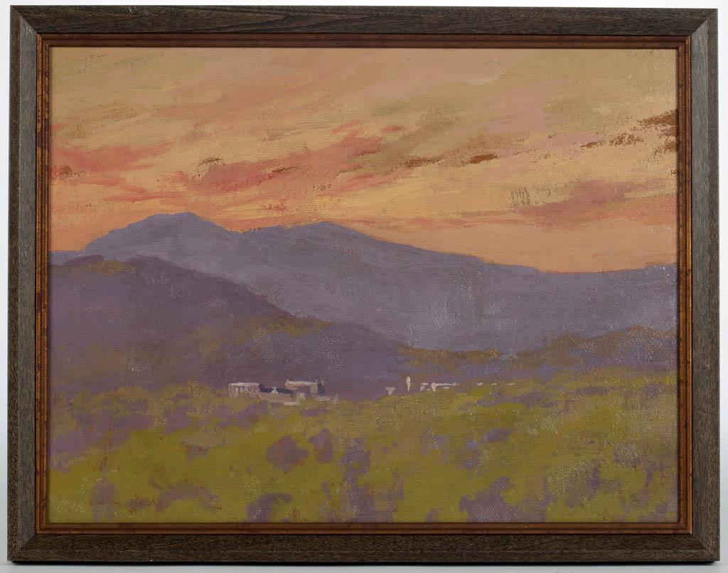 ELIZABETH HUNT BARRETT (NEW YORK / VIRGINIA,: ELIZABETH HUNT BARRETT (NEW YORK / VIRGINIA, 1863-1955), ATTRIBUTED, SWEET BRIAR COLLEGE PAINTING, oil on artist's board, a spring bird's eye view with the Blue Ridge Mountains in the background, not 