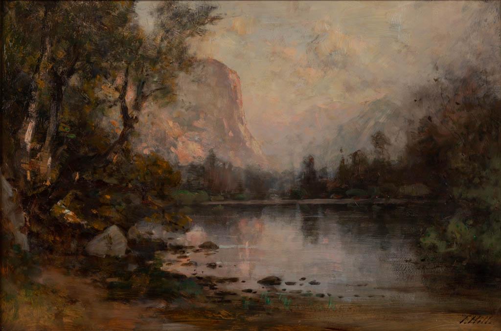 THOMAS HILL (BRITISH-AMERICAN, 1829-1908) YOSEMITE: THOMAS HILL (BRITISH-AMERICAN, 1829-1908) YOSEMITE LANDSCAPE, oil on board, an impressionist view of El Capitan at dawn, taken from the shore of Mirror Lake, signed lower right. Housed in a modern Art