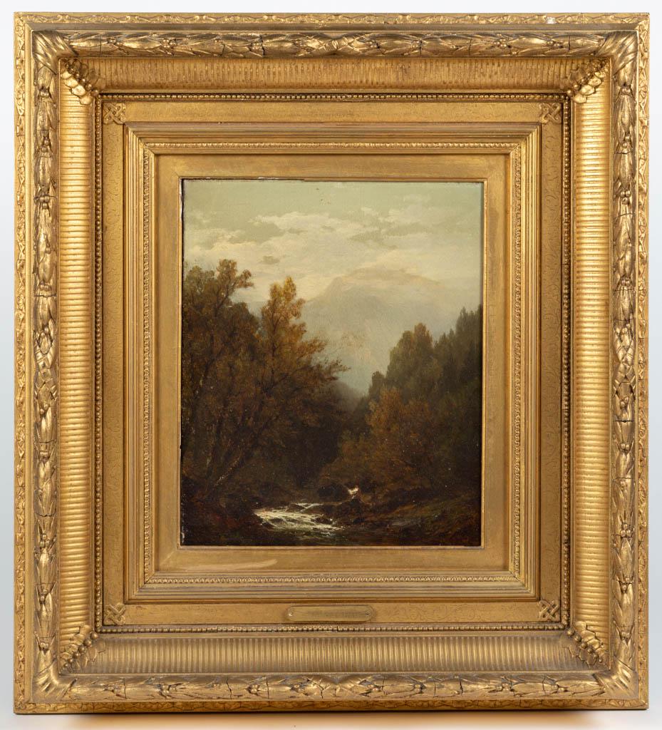 JOHN WILLIAM CASILEAR (AMERICAN, 1811-1893): JOHN WILLIAM CASILEAR (AMERICAN, 1811-1893) LANDSCAPE PAINTING, oil on canvas, depicting a figure fly fishing with mountains in the background, signed "JWC" in lower right corner. Housed in likely ori