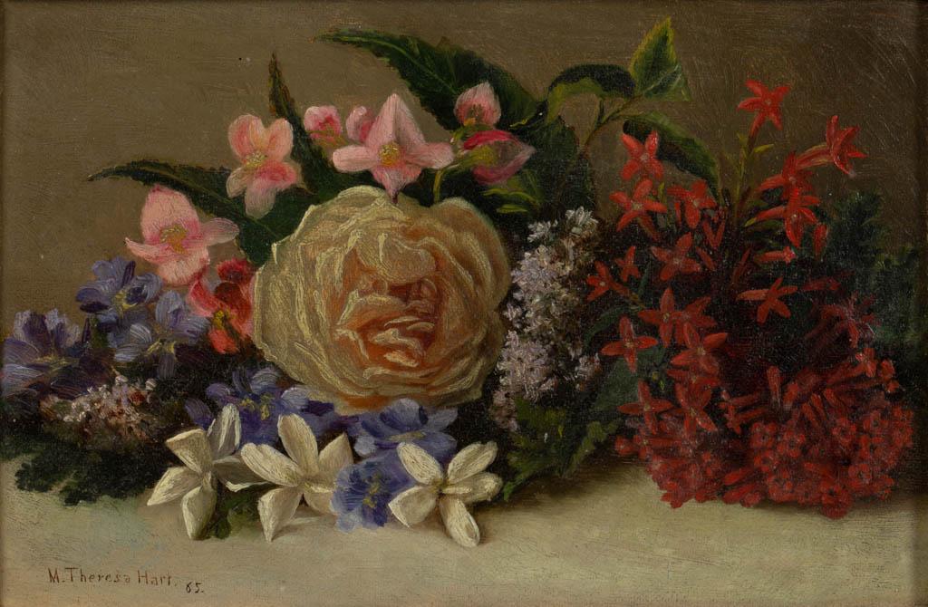MARY THERESA GORSUCH HART (AMERICAN, 1829-1921) STILL: MARY THERESA GORSUCH HART (AMERICAN, 1829-1921) STILL LIFE, oil on canvas, vibrant, polychrome flowers on a table top, signed and dated "M. Theresa Hart / 65" lower left, New York merchant's canvas st