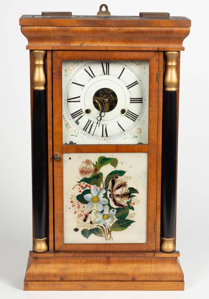 SETH THOMAS, PLYMOUTH, CT "COLUMN" SHELF CLOCK: SETH THOMAS, PLYMOUTH, CT "COLUMN" SHELF CLOCK, brass eight-day movement, marked "SETH THOMAS / PLYMOUTH, CONN / USA", painted dial with Roman numerals, door with reverse painted panel, with original 