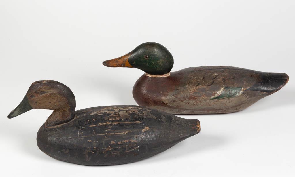 FOLK ART CARVED AND PAINTED DUCK DECOYS, LOT OF TWO: FOLK ART CARVED AND PAINTED DUCK DECOYS, LOT OF TWO, comprising a blackduck example, attributed to Elliott Bros., Easton, MD, and a Mason Challenge Grade Mallard Drake, each solid-body form, drake wit