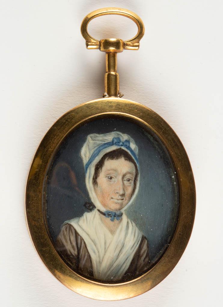 BRITISH OR CONTINENTAL SCHOOL (18TH CENTURY) MINIATURE: BRITISH OR CONTINENTAL SCHOOL (18TH CENTURY) MINIATURE PORTRAIT OF A LADY, watercolor, bust-length depiction of an elderly subject wearing white bonnet with blue ribbon, no signature located. Housed i