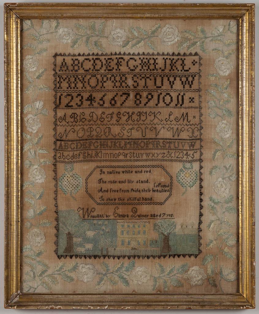 PORTLAND, MAINE PICTORIAL NEEDLEWORK SAMPLER: PORTLAND, MAINE PICTORIAL NEEDLEWORK SAMPLER, silk on linen, signed and inscribed "Wrought by Elmira Quincy aged 7 yrs", featuring seven alphabet and numeral rows above four-line verse and lower panel