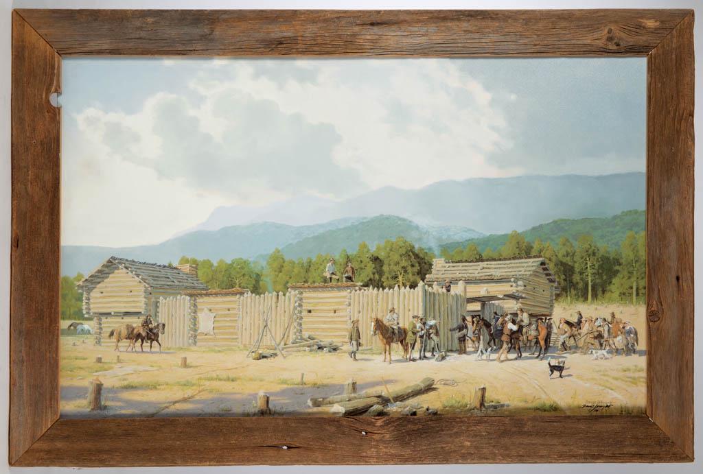 DAVID WRIGHT (B. 1942, TENNESSEE) AMERICAN FRONTIER: DAVID WRIGHT (B. 1942, TENNESSEE) AMERICAN FRONTIER PRINT, giclee on canvas, "Refuge in the Wilderness - Martin's Station", an authentic depiction of Joseph Martin's fort on the Wilderness Road, Ewing