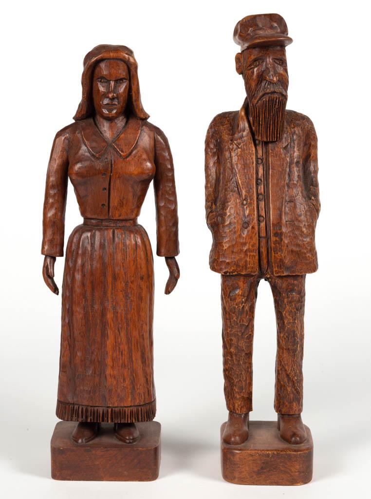 CLARENCE STRINGFIELD (TENNESSEE, 1903-1976) FOLK ART: CLARENCE STRINGFIELD (TENNESSEE, 1903-1976) FOLK ART CARVED FIGURES, LOT OF TWO, possibly a pair, each full-length and from the solid, he with beard, cap, and jacket with hands in pocket, she with bon