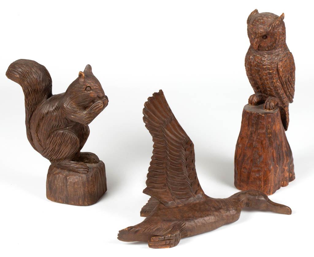 CLARENCE STRINGFIELD (TENNESSEE, 1903-1976) FOLK ART: CLARENCE STRINGFIELD (TENNESSEE, 1903-1976) FOLK ART CARVED ANIMAL FIGURES, LOT OF THREE, comprising an owl, a squirrel, and a duck in flight, each with likely original surface and signed "C. Stringfi