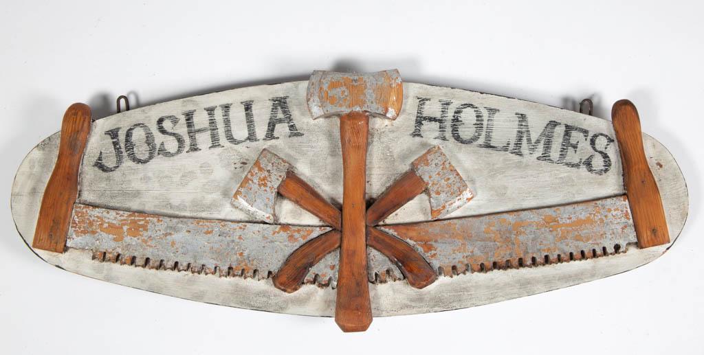 AMERICAN FOLK ART CARVED AND PAINTED PINE TRADE SIGN: AMERICAN FOLK ART CARVED AND PAINTED PINE TRADE SIGN, oval form featuring applied crosscut saw and hatchets, inscribed "JOSHUA HOLMES", likely a timberman or lumberjack. Retains dry, original painted 