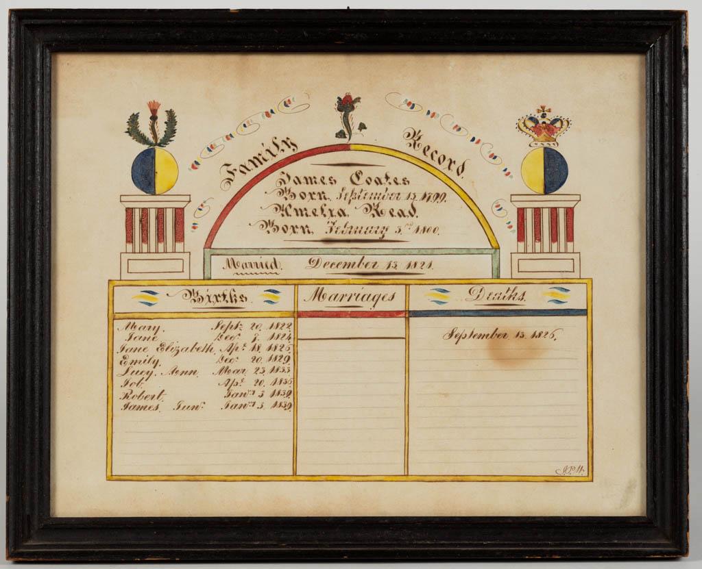 CANADIAN FOLK ART FRAKTUR FAMILY RECORD: CANADIAN FOLK ART FRAKTUR FAMILY RECORD, watercolor and ink on paper, titled "Family Record", featuring two classical columns one with floral design and the other with a crown, above register inscribe