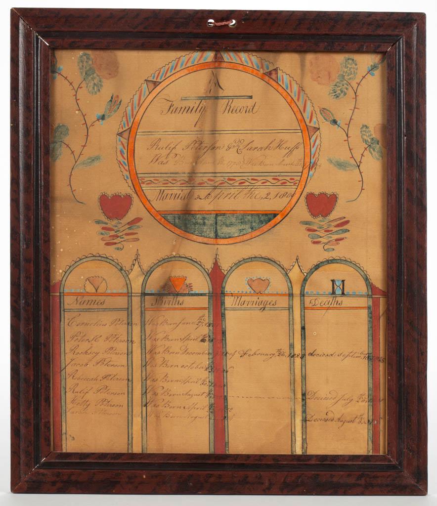 NEW YORK FOLK ART PETERSON FAMILY RECORD: NEW YORK FOLK ART PETERSON FAMILY RECORD, watercolor and ink on paper, upper reserve inscribed for Rulif Peterson (1775-1850) and wife Sarah Huff (1783-1852), married April 2, 1800, residing in Fayett