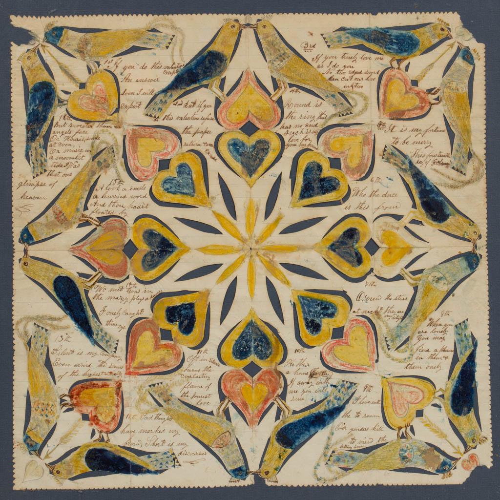 AMERICAN, PROBABLY PENNSYLVANIA, FOLK ART CUT-WORK /: AMERICAN, PROBABLY PENNSYLVANIA, FOLK ART CUT-WORK / SCHERENSCHNITTE VALENTINE, watercolor and ink on paper, featuring lovebirds, hearts, and central star-like device, 16-stanza sentimental verses, wi