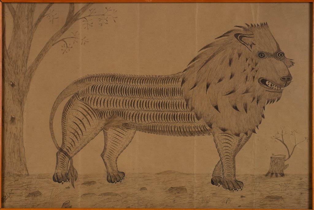 AMERICAN SCHOOL (19TH CENTURY) FOLK ART CALLIGRAPHIC: AMERICAN SCHOOL (19TH CENTURY) FOLK ART CALLIGRAPHIC DRAWING, ink on paper, bold depiction of a lion in a landscape setting, no signature located. Housed under glass in a birdseye maple frame. Fourth 