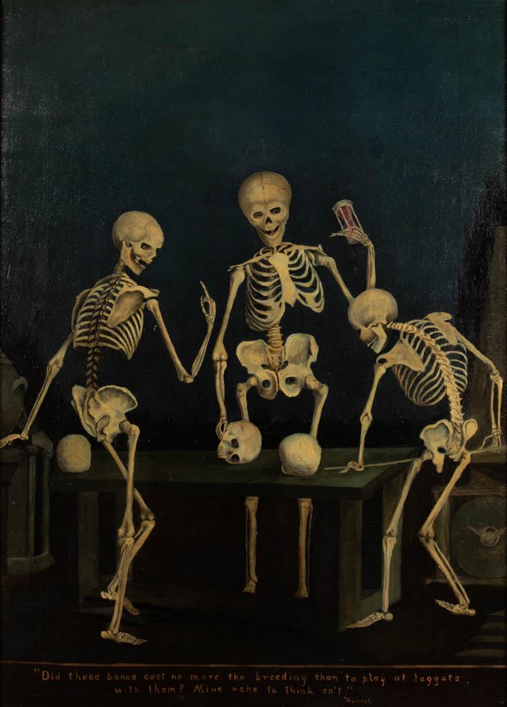 AMERICAN OR BRITISH SCHOOL (19TH CENTURY) FOLK ART: AMERICAN OR BRITISH SCHOOL (19TH CENTURY) FOLK ART PAINTING, oil on canvas, a darkly humorous depiction of three skeleton figures playing pool / billiards with skulls, one holding an hourglass and ano