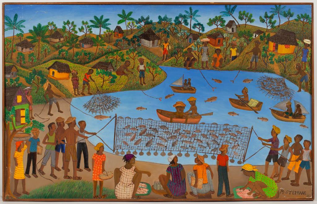 MICIUS STEPHANE (HAITIAN, 1912-1966) OUTSIDER ART: MICIUS STEPHANE (HAITIAN, 1912-1966) OUTSIDER ART VILLAGE SCENE, oil on board, vibrant colors, depicting villagers fishing, signed in lower right corner "M. STEPHANE". Housed in a simple wooden frame,