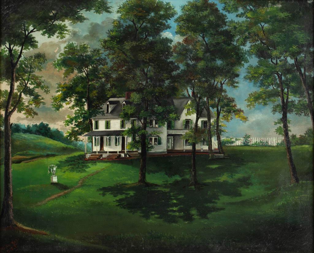 AMERICAN SCHOOL (19TH CENTURY) FOLK ART "WADE HALL": AMERICAN SCHOOL (19TH CENTURY) FOLK ART "WADE HALL" PAINTING, oil on canvas, depicting a large two-story house with ell addition surrounded by a well-manicured lawn and trees, picket fence in backgrou