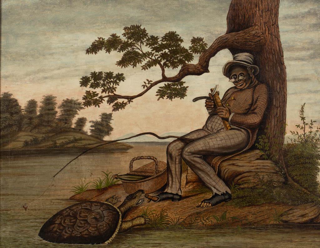 AMERICAN SCHOOL (LATE 19TH/EARLY 20TH C.) BLACK: AMERICAN SCHOOL (LATE 19TH/EARLY 20TH C.) BLACK AMERICANA FOLK ART PAINTING, figure whittling, while enticing a snapping turtle with his toe, no signature located. Housed in likely original wooden fra
