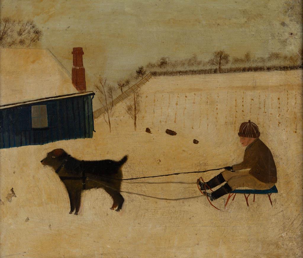 AMERICAN SCHOOL (LATE 19TH/EARLY 20TH CENTURY) FOLK ART: AMERICAN SCHOOL (LATE 19TH/EARLY 20TH CENTURY) FOLK ART WINTER GENRE SCENE, oil on canvas, depicting a boy on a sled being pulled by a dog, on original stretchers, signed and dated verso "March 23rd 1