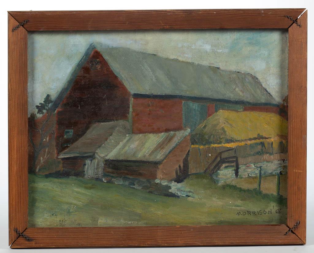 MARY CAPLES MORRISON (VIRGINIA, 1907-1995) LANDSCAPE: MARY CAPLES MORRISON (VIRGINIA, 1907-1995) LANDSCAPE PAINTING, oil on canvas, an impressionistic depiction of a typical Shenandoah Valley bank barn with attached sheds, signed and dated "MORRISON ' 68
