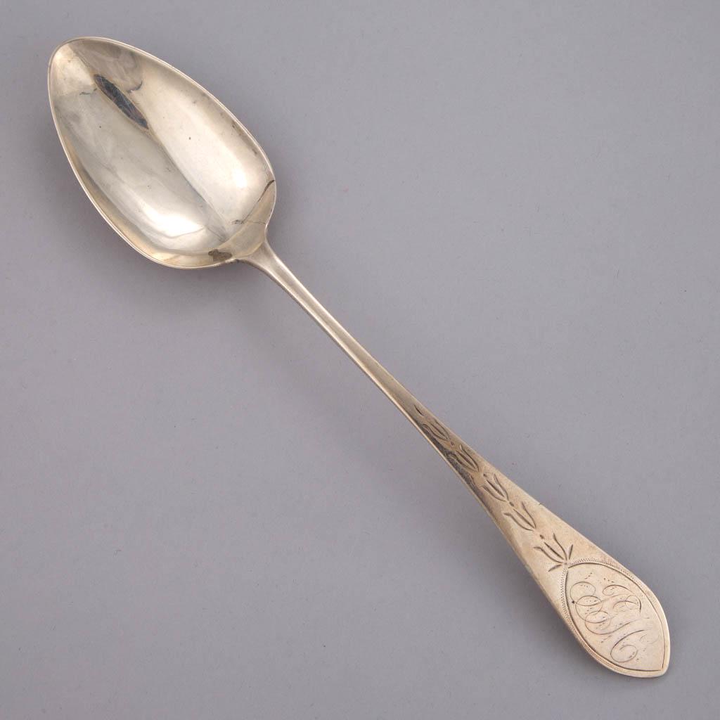 PENNSYLVANIA / KENTUCKY COIN SILVER TABLESPOON: PENNSYLVANIA / KENTUCKY COIN SILVER TABLESPOON, having an oval bowl on a tapered handle, featuring engraved design and "JJ[H?]" initials. Impressed with "A F" maker's mark to back of handle attributed