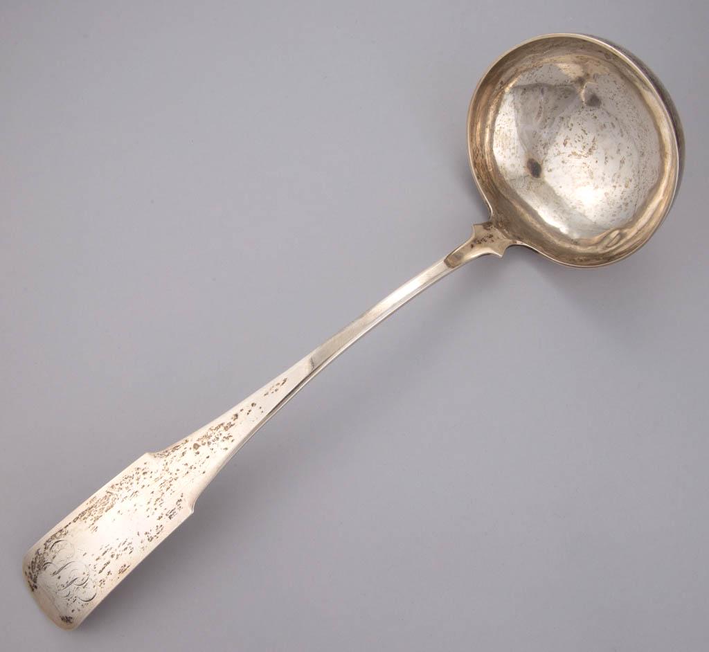 READING, PENNSYLVANIA COIN SILVER SOUP / PUNCH LADLE: READING, PENNSYLVANIA COIN SILVER SOUP / PUNCH LADLE, having a rounded bowl on a curved fiddle handle with pointed shoulders, engraved "JB" initials to tip. Impressed "W. MANNERBACK" and "READING" twi