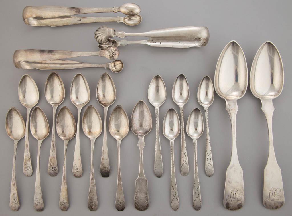 PHILADELPHIA, PENNSYLVANIA COIN SILVER SPOONS AND SUGAR: PHILADELPHIA, PENNSYLVANIA COIN SILVER SPOONS AND SUGAR TONGS, LOT OF 20, each with personalized engraving, comprising a set of nine coffin-handled teaspoons and a pair of tongs by Robert Wilson of Ne