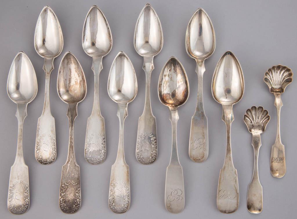 PENNSYLVANIA COIN SILVER SPOONS, LOT OF 11: PENNSYLVANIA COIN SILVER SPOONS, LOT OF 11, each having a fiddle handle with pointed shoulders, most with personalized engravings to handles, comprising a set of six teaspoons with wreath-patterned ha