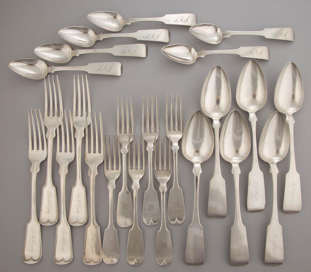 CHICAGO, ILLINOIS-RETAILED COIN SILVER FLATWARE, LOT OF: CHICAGO, ILLINOIS-RETAILED COIN SILVER FLATWARE, LOT OF 23, each having a fiddle handle with pointed shoulders and a personalized engraving, comprising a set of five threaded-fiddle dinner forks with 