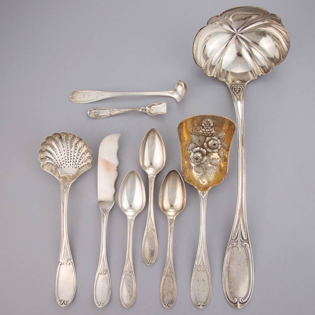 CHICAGO, ILLINOIS AND DETROIT, MICHIGAN-RETAILED /: CHICAGO, ILLINOIS AND DETROIT, MICHIGAN-RETAILED / -MADE PATTERNED COIN SILVER SERVING UTENSILS AND SPOONS, LOT OF NINE, all having similar patterned handles, most with personalized engravings to hand