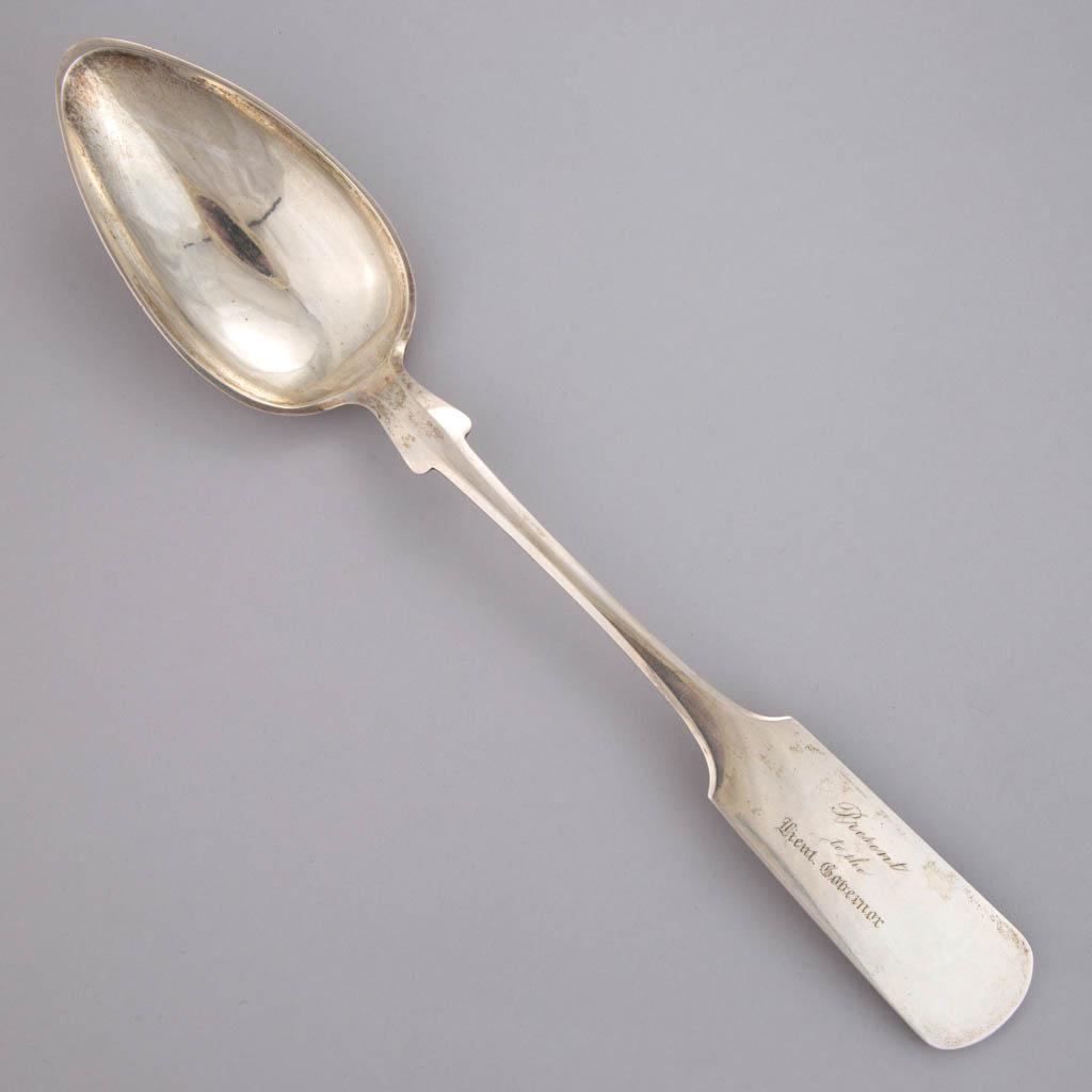 CHICAGO, ILLINOIS COIN SILVER PRESENTATION STUFFING: CHICAGO, ILLINOIS COIN SILVER PRESENTATION STUFFING SPOON, having a pointed oval bowl on a backwards-tipped fiddle handle with pointed shoulders, front engraved "Present / to the / Lient. Governor", b