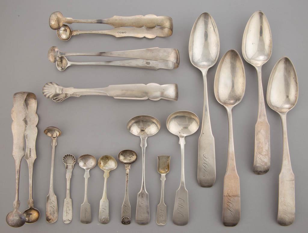 NEW YORK COIN SILVER SERVING UTENSILS, LOT OF 16: NEW YORK COIN SILVER SERVING UTENSILS, LOT OF 16, each with a personalized engraving to handle, pieces by New York City makers comprising a pair of tablespoons by Ebenezer Whitney, a pair of tablespoo