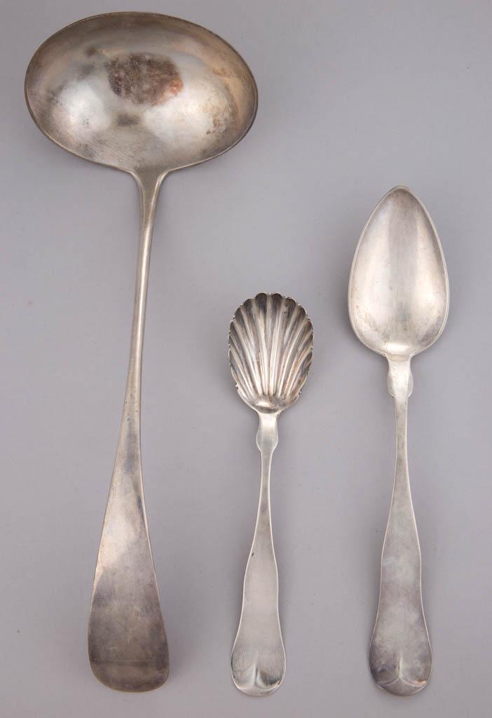BOSTON, MASSACHUSETTS COIN SILVER SERVING UTENSILS, LOT: BOSTON, MASSACHUSETTS COIN SILVER SERVING UTENSILS, LOT OF THREE, comprising a soup ladle having curved backwards-tipped handle, and two pieces with forward-tipped handles and personalized engravings