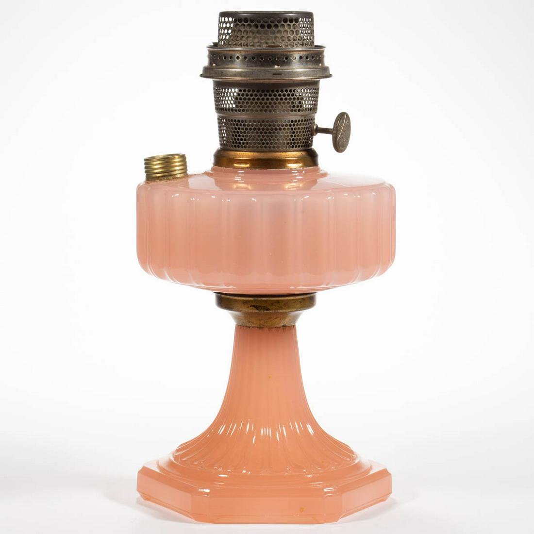 ALADDIN MODEL B-116 / CORINTHIAN KEROSENE STAND LAMP: ALADDIN MODEL B-116 / CORINTHIAN KEROSENE STAND LAMP, Rose Moonstone, plain connector, crimped collar, side refill feature with later screw-cap. Fitted with a nickel Model B "CHICAGO" burner having ni