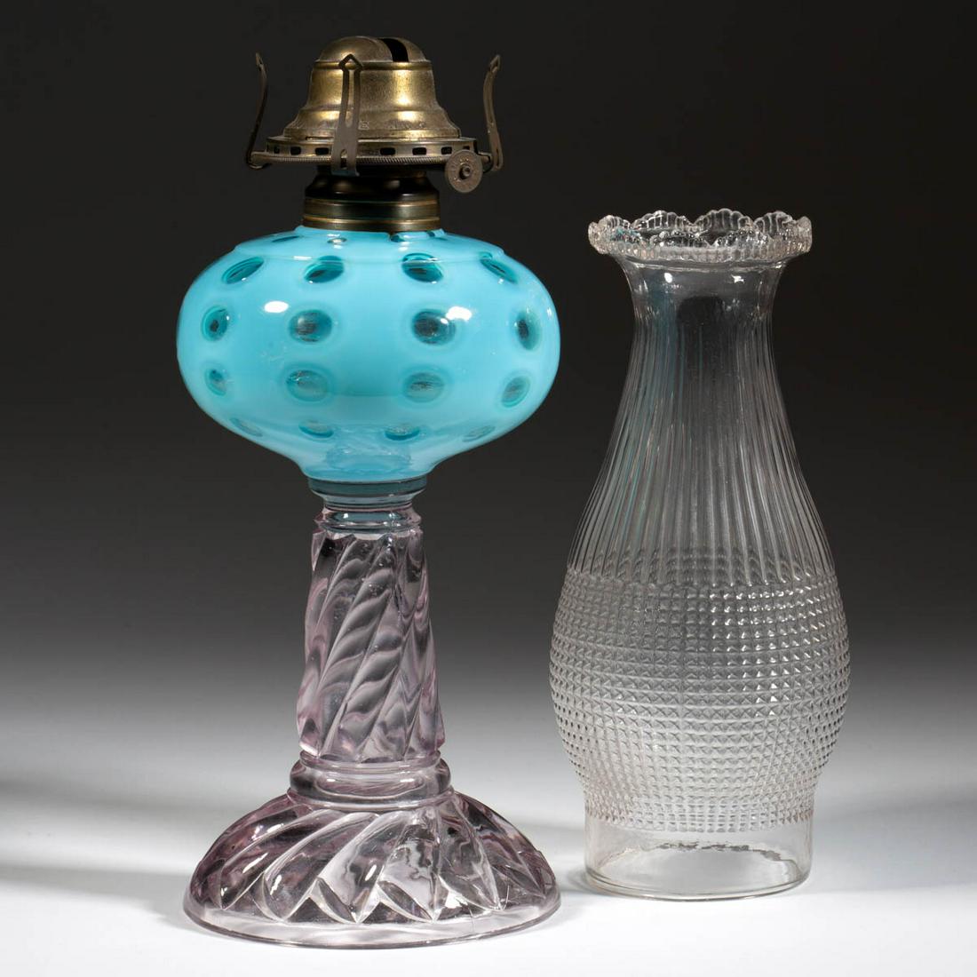 POLKA DOT KEROSENE STAND LAMP: POLKA DOT KEROSENE STAND LAMP, blue opalescent font, colorless swirled rib base, No. 2 Taplin-Brown collar with patent information. Fitted with a period No. 2 slip burner and colorless Dithridge & Co.