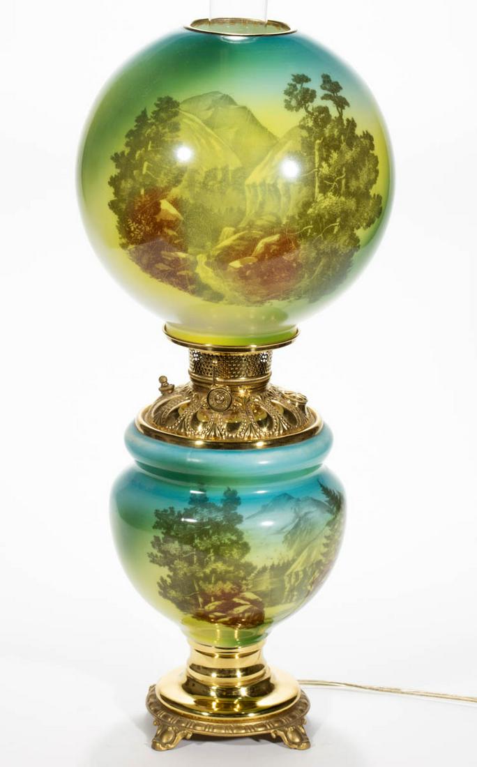 VICTORIAN DECORATED OPAL KEROSENE GONE WITH THE WIND /: VICTORIAN DECORATED OPAL KEROSENE GONE WITH THE WIND / PARLOR LAMP, opaque white with green and blue ground, matching pattern ball-form shade with heat ring with decoration depicting mountain backdrop