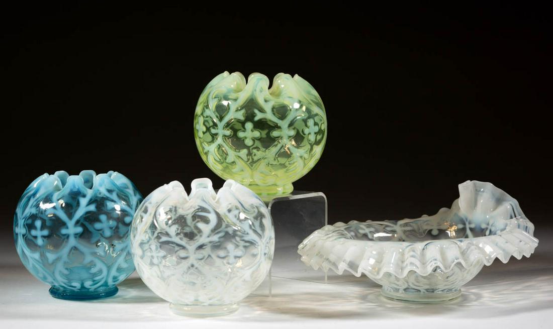 OPALINE BROCADE / SPANISH LACE ARTICLES, LOT OF FOUR: OPALINE BROCADE / SPANISH LACE ARTICLES, LOT OF FOUR, colorless opalescent, blue opalescent, and Vaseline (reacts under black light) opalescent, comprising three rose bowls and a bowl with a ruffled r
