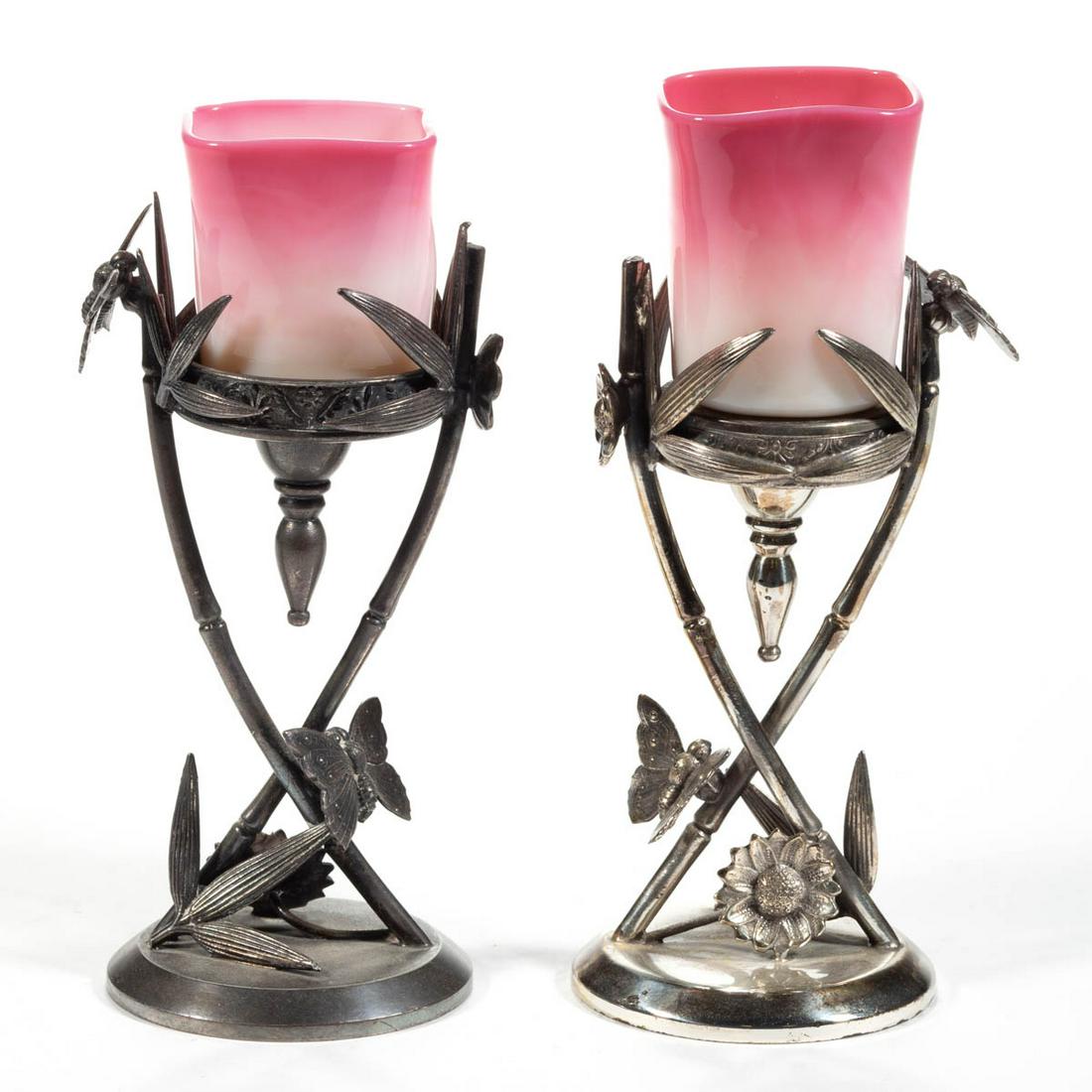 NEW ENGLAND PEACHBLOW PAIR OF TOOTHPICK HOLDERS: NEW ENGLAND PEACHBLOW PAIR OF TOOTHPICK HOLDERS, glossy, each fitted into a quadruple-plate stand marked for "JAMES W. TUFTS" and numbered "1078". New England Glass Co. Fourth quarter 19th century. 6 