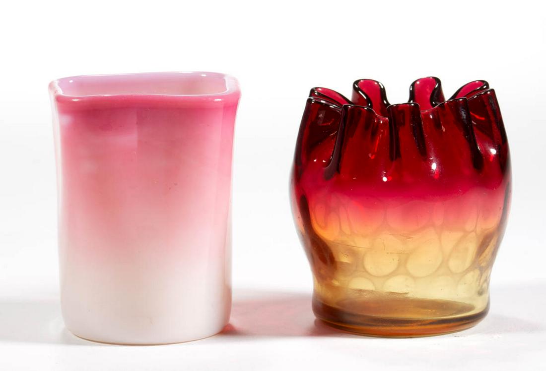 AMBERINA SPOT-OPTIC GLASS TOOTHPICK HOLDER: AMBERINA SPOT-OPTIC GLASS TOOTHPICK HOLDER, bulged-form with a crimped rim, polished pontil mark. Together with a New England Peachblow square-form example with remnants of Agata decoration under the