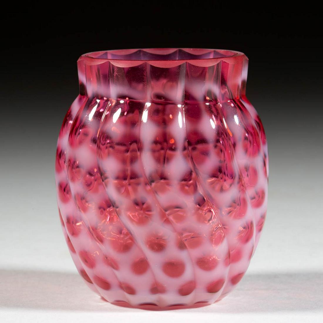 HOBBS NO. 326 / WINDOWS SWIRL TOOTHPICK HOLDER: HOBBS NO. 326 / WINDOWS SWIRL TOOTHPICK HOLDER, Ruby/cranberry opalescent, oval-form, factory polished rim. Hobbs, Brockunier & Co. Circa 1888. 2 1/2" H. Undamaged. Literature: Heacock/Elmore - Opales