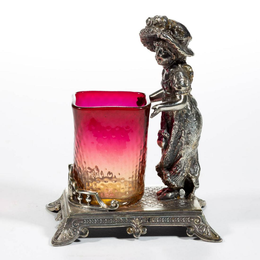 AMBERINA SPOT-OPTIC TOOTHPICK HOLDER: AMBERINA SPOT-OPTIC TOOTHPICK HOLDER, square-form, polished pontil mark, fitted into a quadruple-plate Kate Greenway-type stand being marked for "JAMES W. TUFTS". Mt. Washington Glass Co., New England