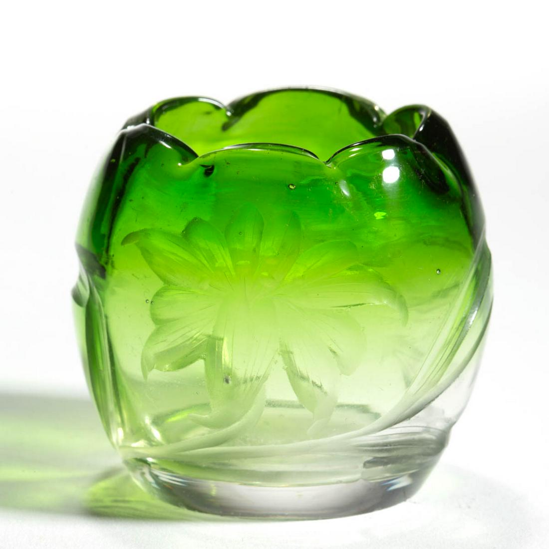 MOSER INTAGLIO CUT GLASS TOOTHPICK HOLDER: MOSER INTAGLIO CUT GLASS TOOTHPICK HOLDER, shaded green, ovoid-form with a tooled rim and floral engraved decoration, factory-polished base. Bohemia, now Czech Republic. First quarter 20th century. 2