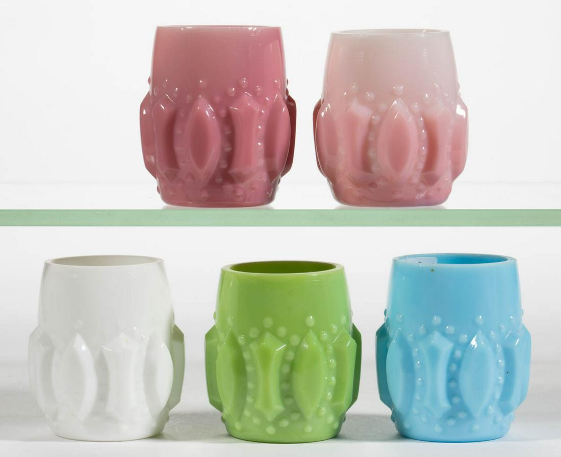 CHALLINOR NO. 21 / ONE-O-ONE TOOTHPICK HOLDERS, LOT OF: CHALLINOR NO. 21 / ONE-O-ONE TOOTHPICK HOLDERS, LOT OF FIVE, opaque colors in blue, chartreuse/olive, pink, Roseblush, and white, factory polished rims. Challinor, Taylor & Co. Circa 1891. 2 1/4" H.Un