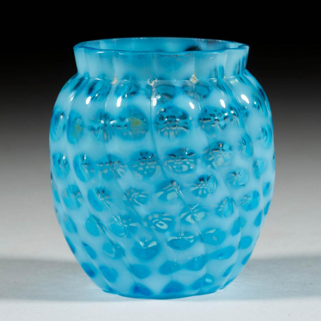HOBBS NO. 326 / WINDOWS SWIRL TOOTHPICK HOLDER: HOBBS NO. 326 / WINDOWS SWIRL TOOTHPICK HOLDER, Sapphire/blue opalescent, oval-form, factory polished rim. Hobbs, Brockunier & Co. Circa 1888. 2 3/8" H. Undamaged. Literature: Parallels Heacock/Elmore