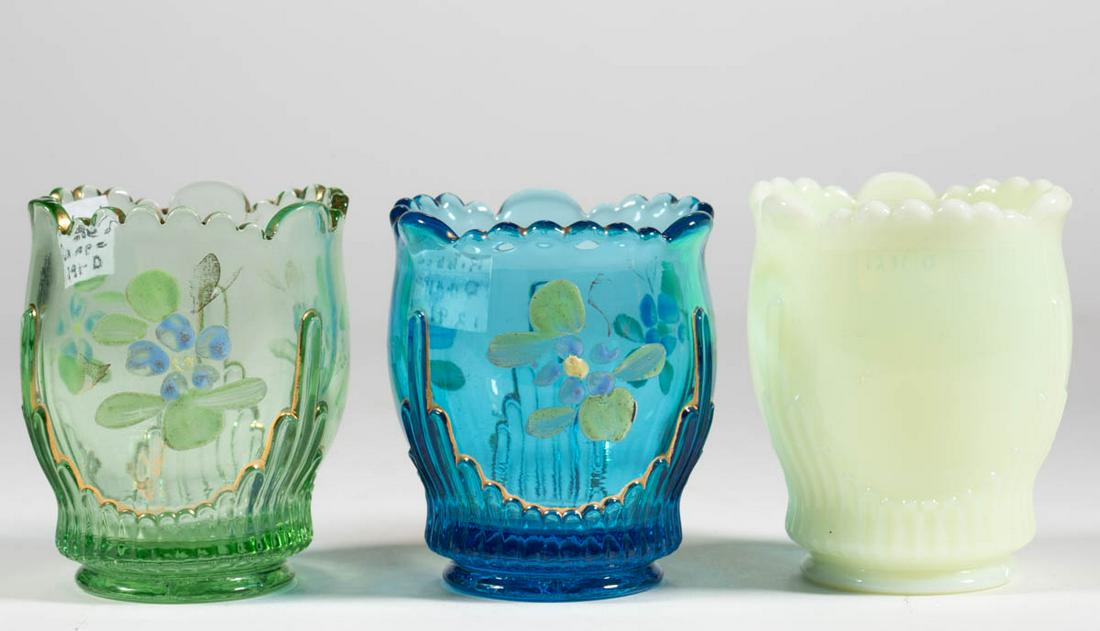 JEFFERSON NO. 250 / RIBBED DRAPE TOOTHPICK HOLDERS, LOT: JEFFERSON NO. 250 / RIBBED DRAPE TOOTHPICK HOLDERS, LOT OF THREE, blue, green, and custard/ivory, two with polychrome-enamel and gilt decorations. Jefferson Glass Co. Pattern introduced in 1906. 2 1/2
